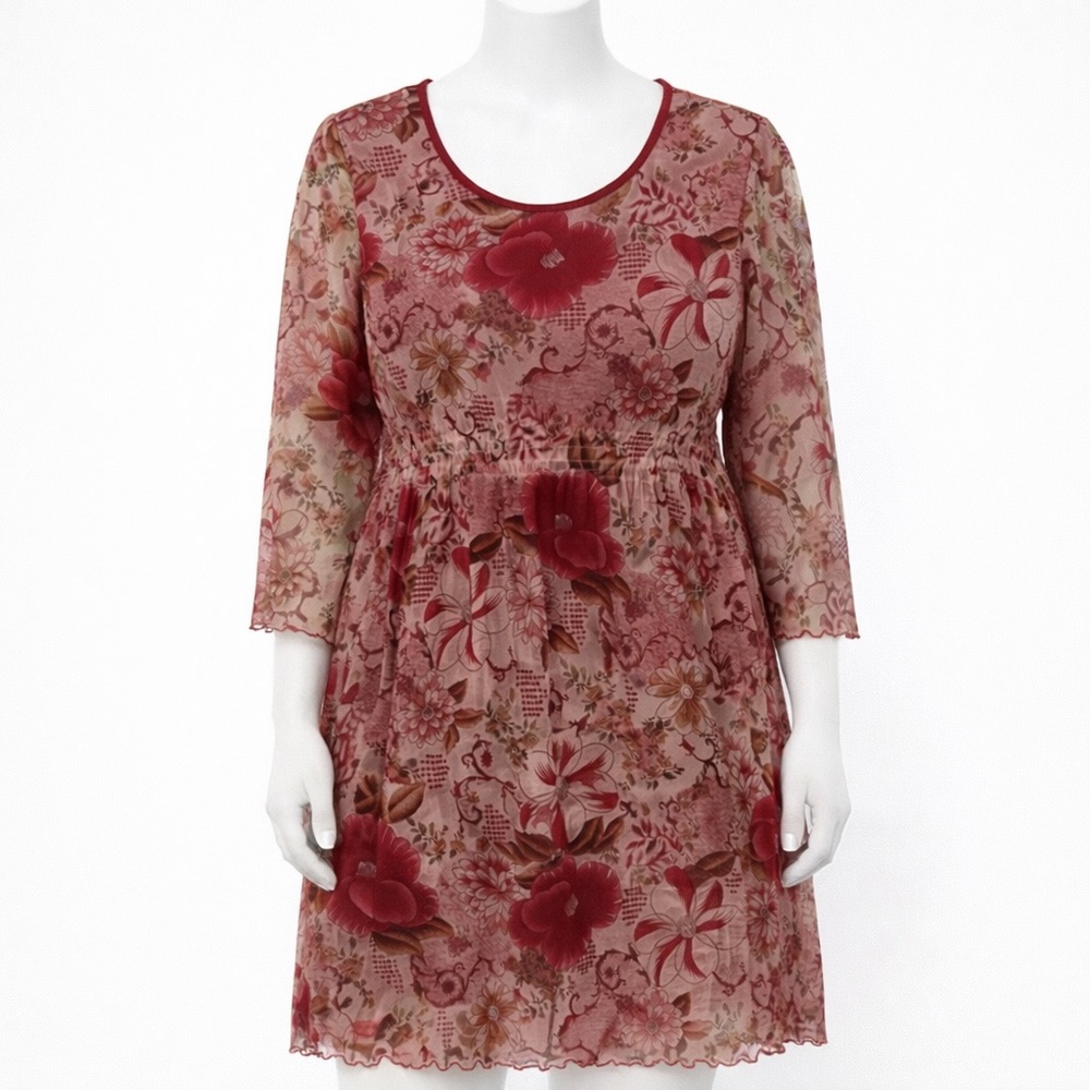 Expressions Y2k Red Floral Multi Retro Dress Midi Size XL